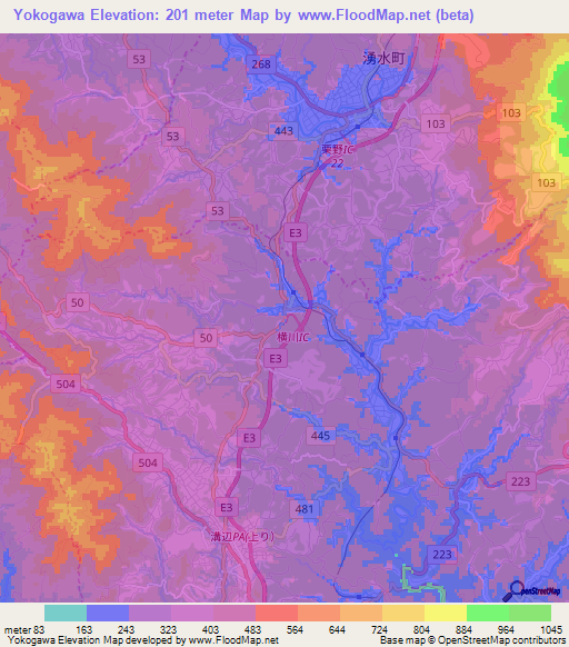Yokogawa,Japan Elevation Map