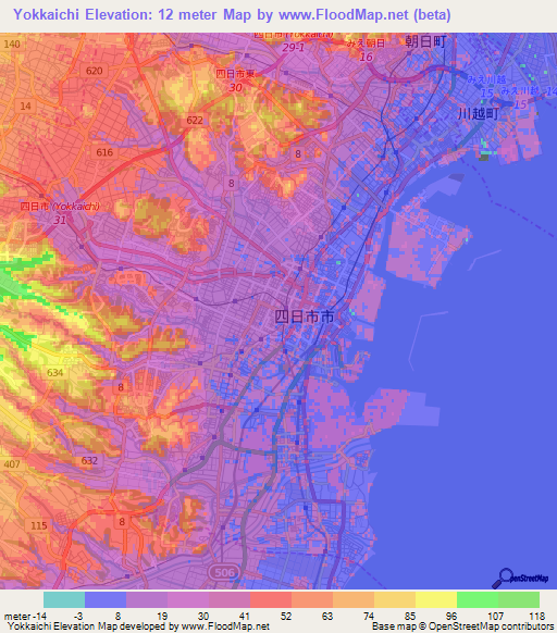 Yokkaichi,Japan Elevation Map