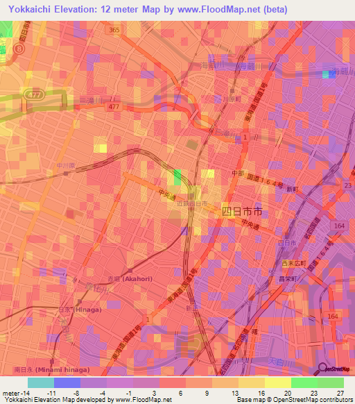 Yokkaichi,Japan Elevation Map