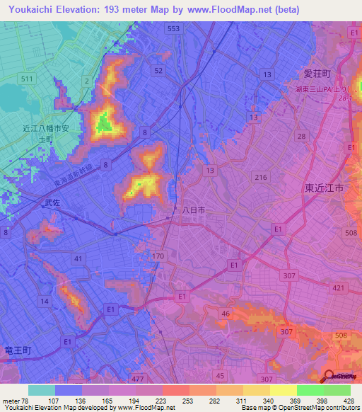 Youkaichi,Japan Elevation Map