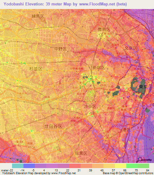 Yodobashi,Japan Elevation Map