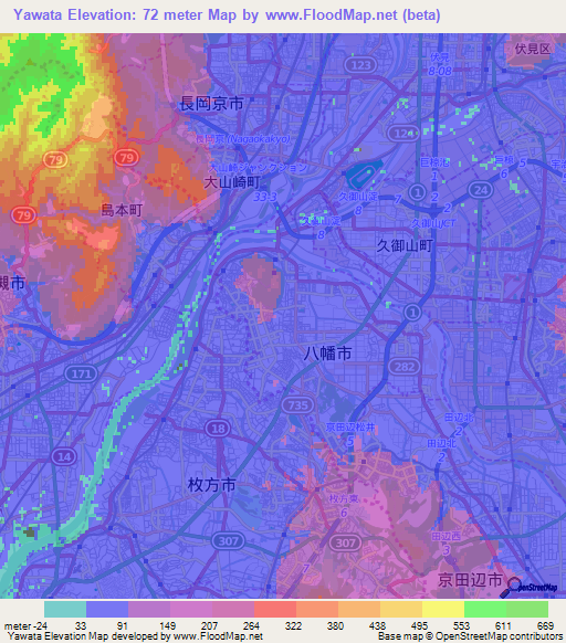 Yawata,Japan Elevation Map