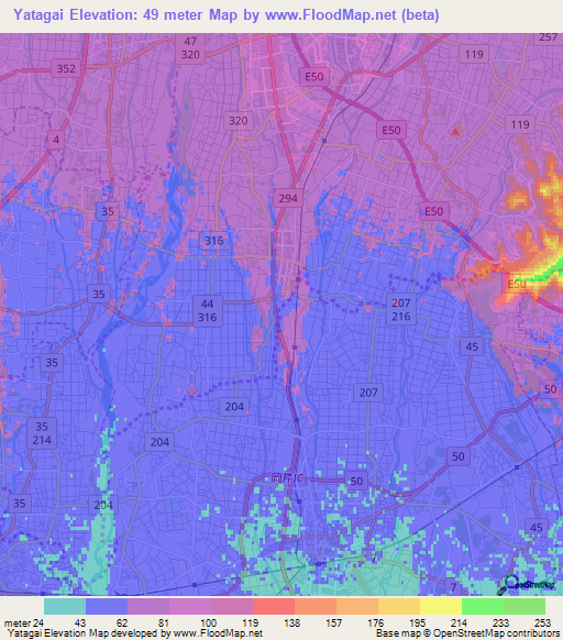 Yatagai,Japan Elevation Map
