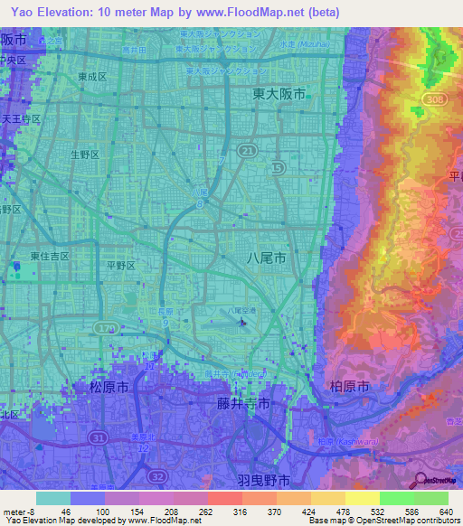 Yao,Japan Elevation Map