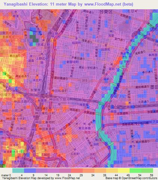Yanagibashi,Japan Elevation Map
