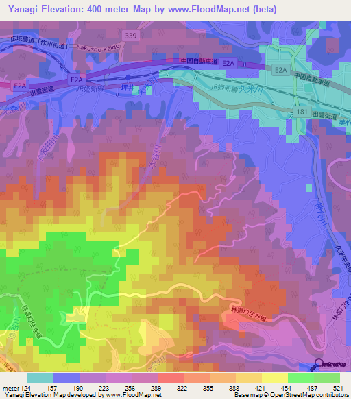 Yanagi,Japan Elevation Map