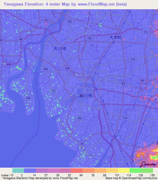 Yanagawa,Japan Elevation Map