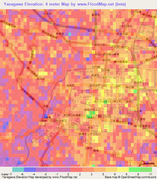 Yanagawa,Japan Elevation Map