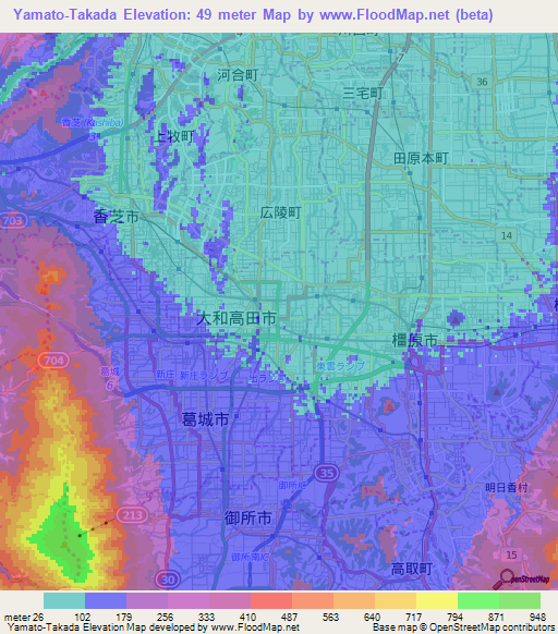 Yamato-Takada,Japan Elevation Map