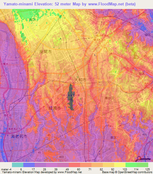 Yamato-minami,Japan Elevation Map