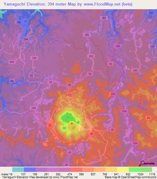 Yamaguchi,Japan Elevation Map