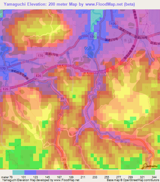 Yamaguchi,Japan Elevation Map