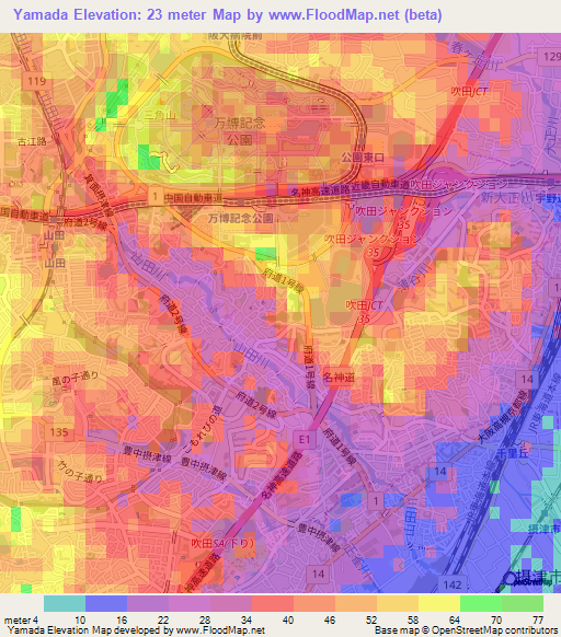 Yamada,Japan Elevation Map