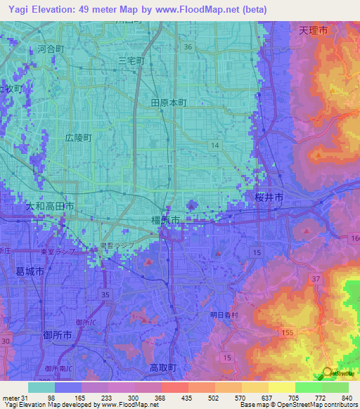 Yagi,Japan Elevation Map
