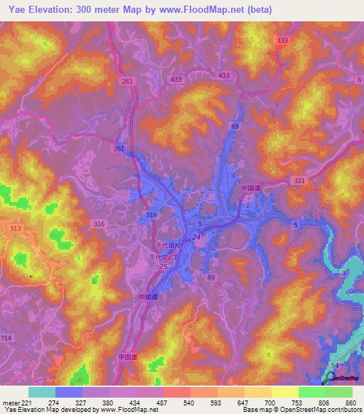 Yae,Japan Elevation Map