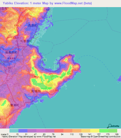 Yabiku,Japan Elevation Map