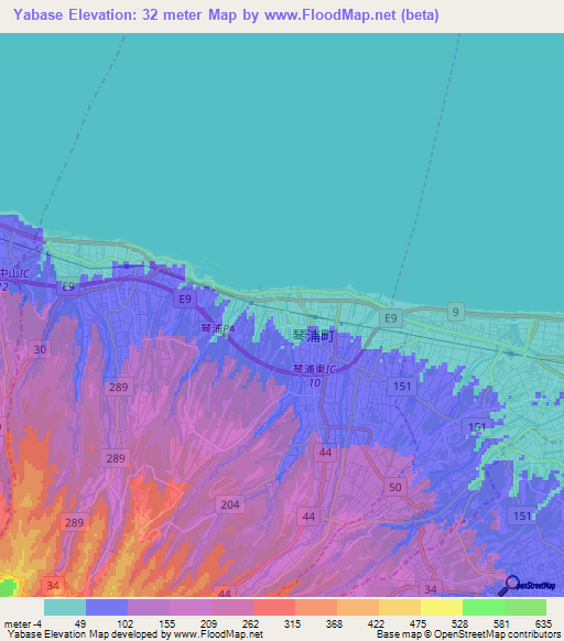 Yabase,Japan Elevation Map