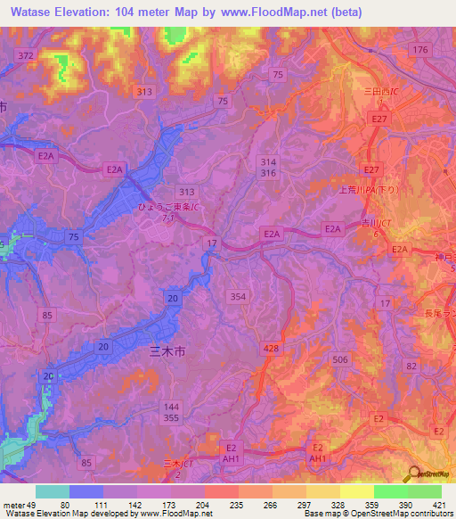 Watase,Japan Elevation Map