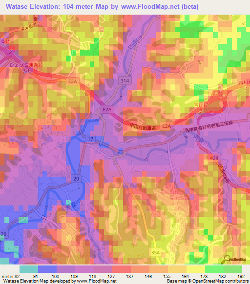 Watase,Japan Elevation Map