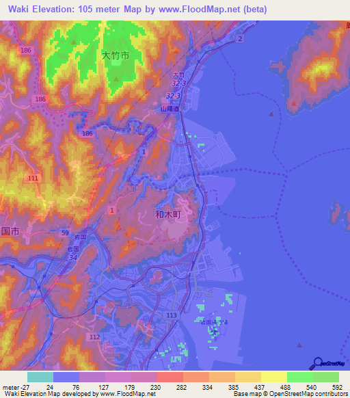 Waki,Japan Elevation Map