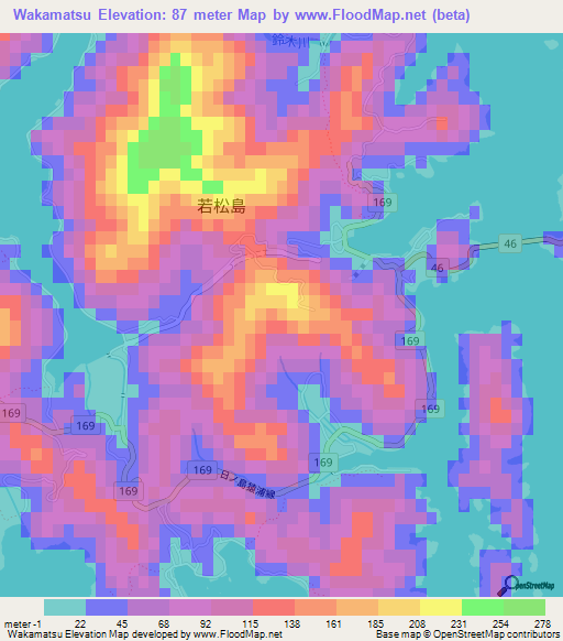 Wakamatsu,Japan Elevation Map