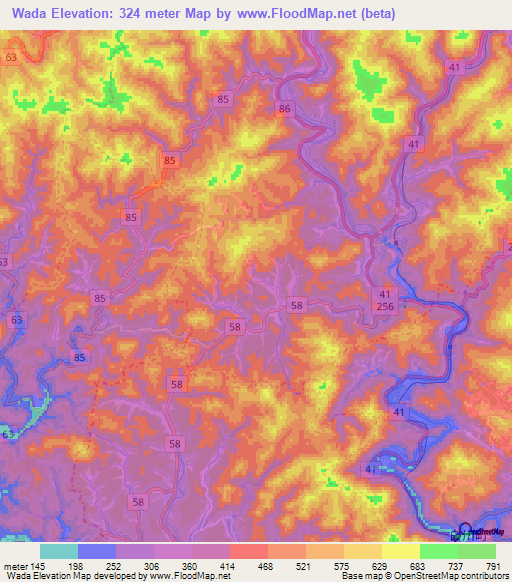Wada,Japan Elevation Map