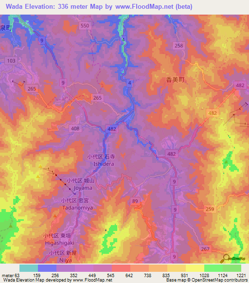 Wada,Japan Elevation Map