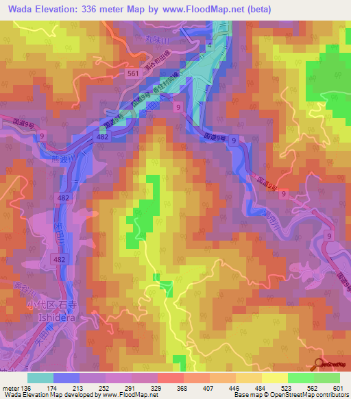 Wada,Japan Elevation Map