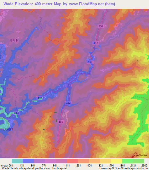 Wada,Japan Elevation Map