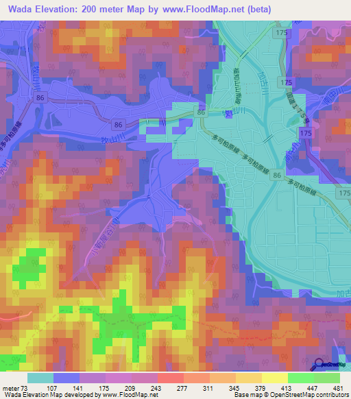 Wada,Japan Elevation Map