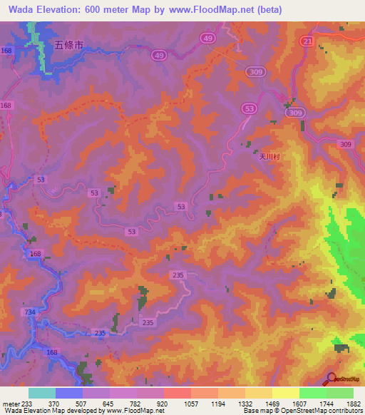 Wada,Japan Elevation Map
