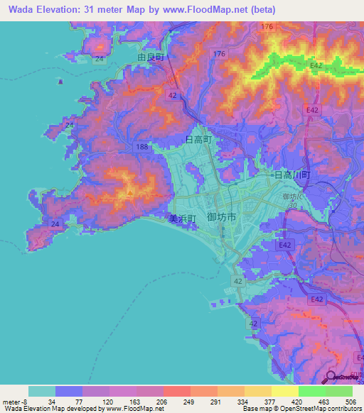 Wada,Japan Elevation Map