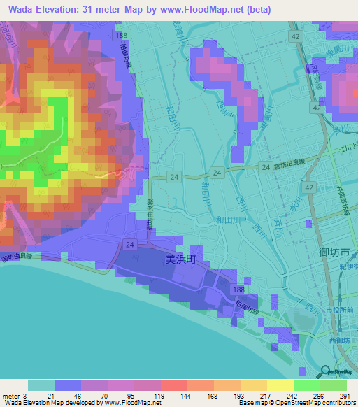 Wada,Japan Elevation Map