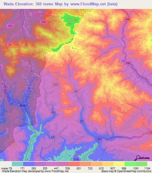 Wada,Japan Elevation Map