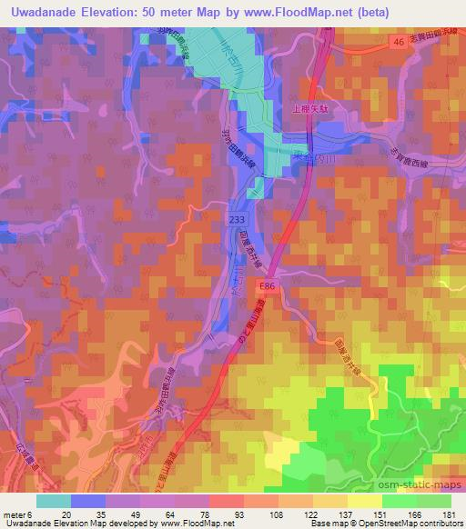 Uwadanade,Japan Elevation Map