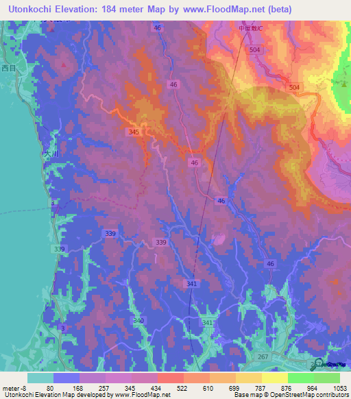 Utonkochi,Japan Elevation Map