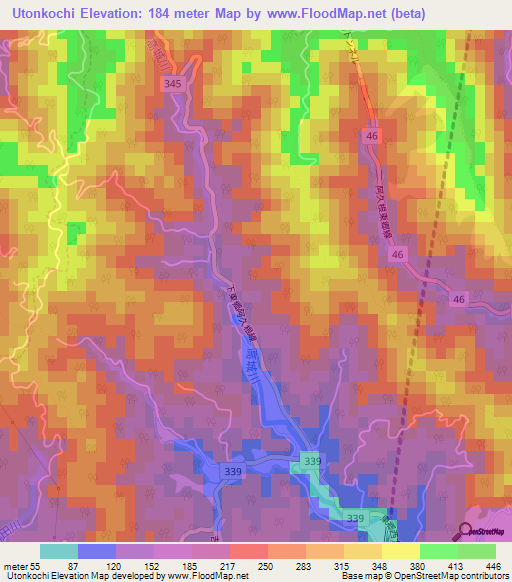 Utonkochi,Japan Elevation Map