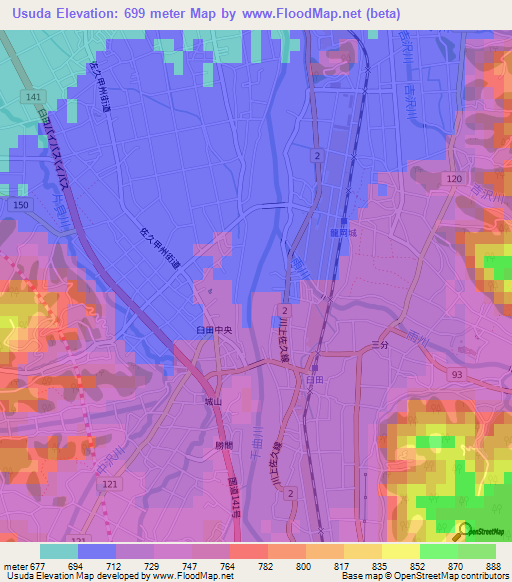 Usuda,Japan Elevation Map