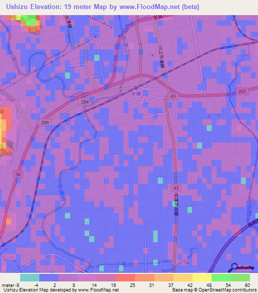 Ushizu,Japan Elevation Map