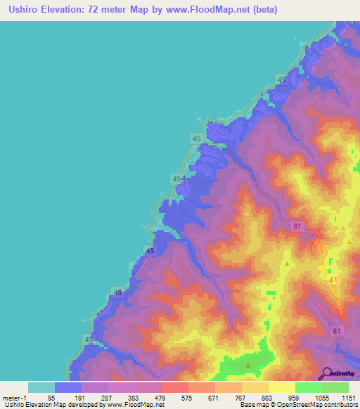 Ushiro,Japan Elevation Map
