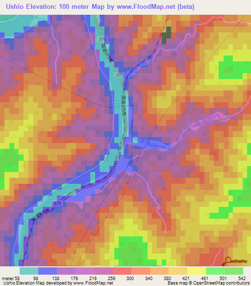 Ushio,Japan Elevation Map