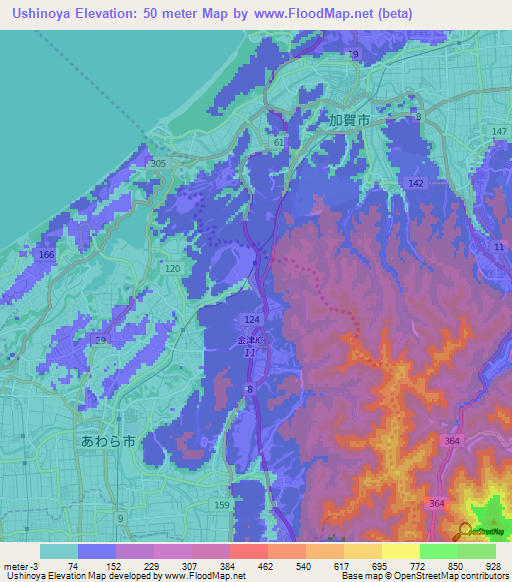 Ushinoya,Japan Elevation Map