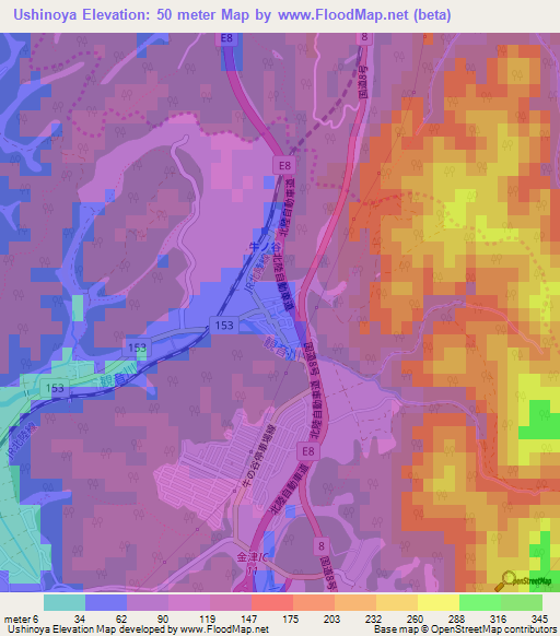 Ushinoya,Japan Elevation Map