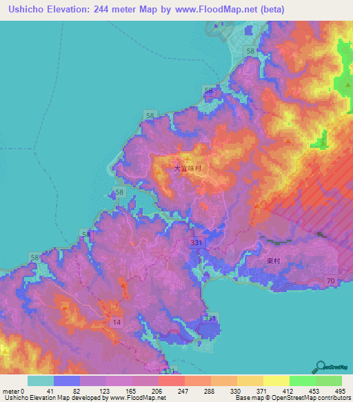 Ushicho,Japan Elevation Map