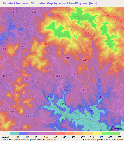 Urushi,Japan Elevation Map
