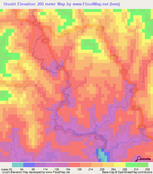 Urushi,Japan Elevation Map
