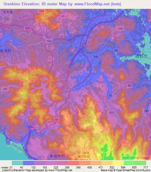 Ureshino,Japan Elevation Map