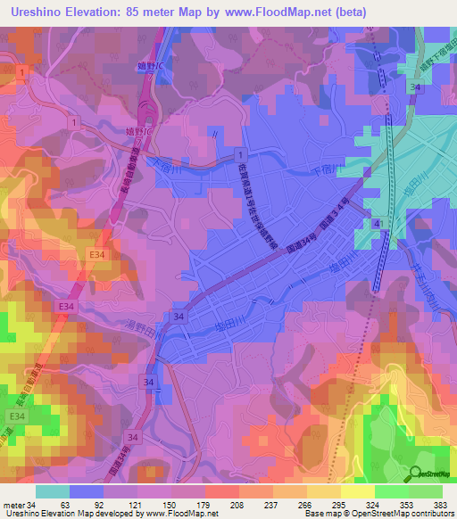 Ureshino,Japan Elevation Map