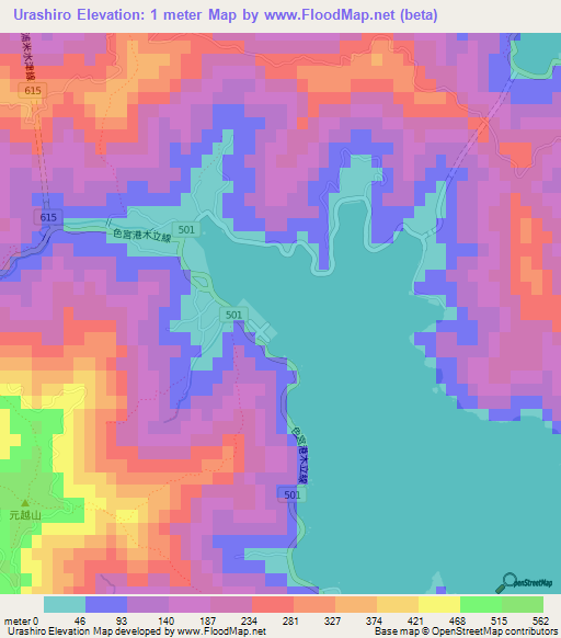 Urashiro,Japan Elevation Map