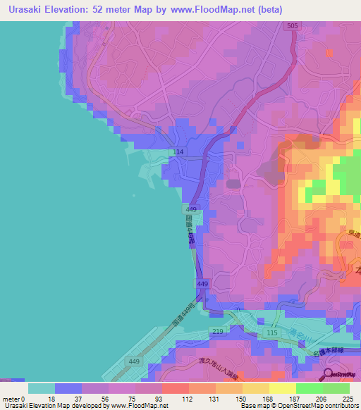 Urasaki,Japan Elevation Map